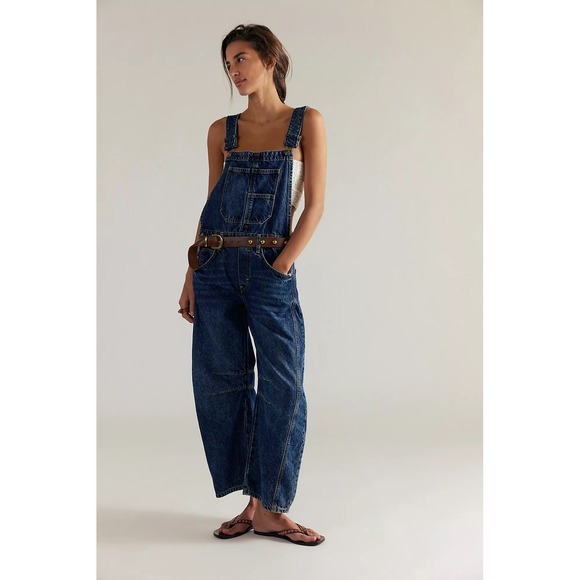 Free People Denim - We The Free Free People Women Blue Denim Wide Leg Bib Overalls Dark Wash Sz s